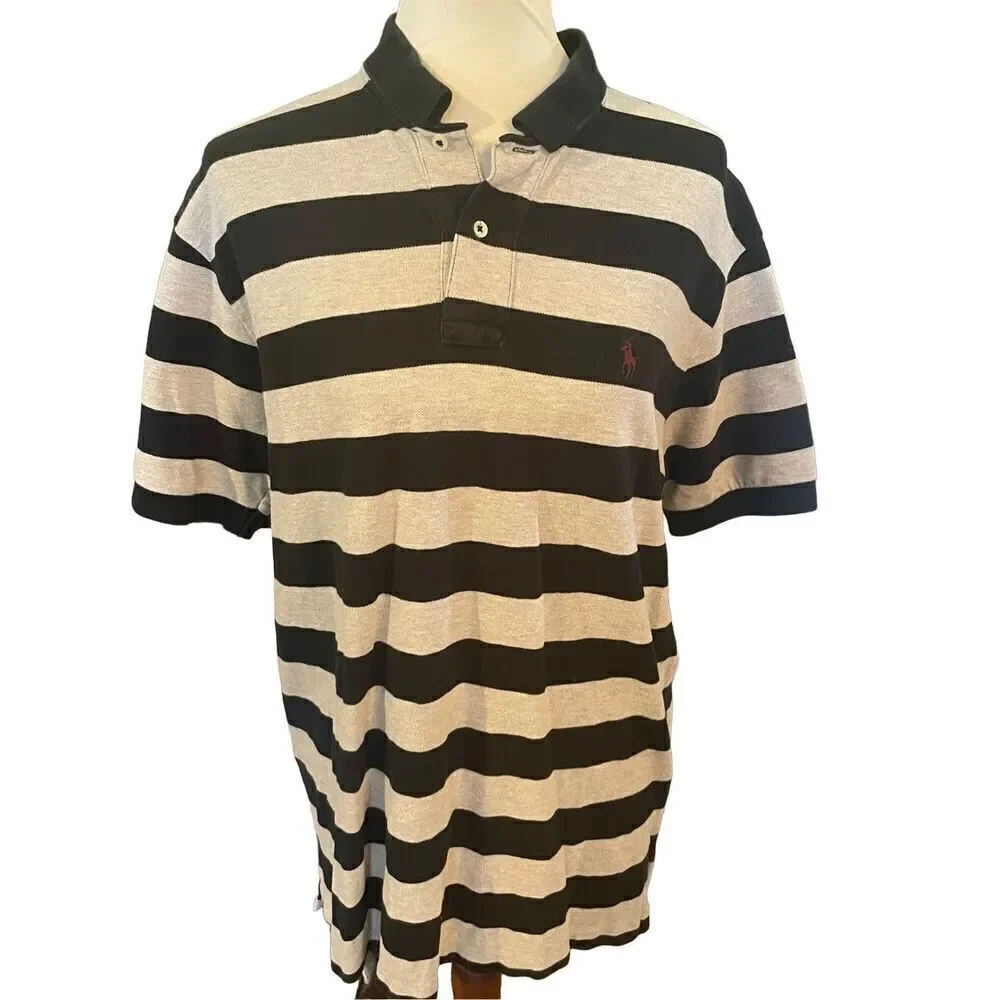 Polo Ralph Lauren Men's Gray Black Striped Short Sleeve Polo Shirt Size Large